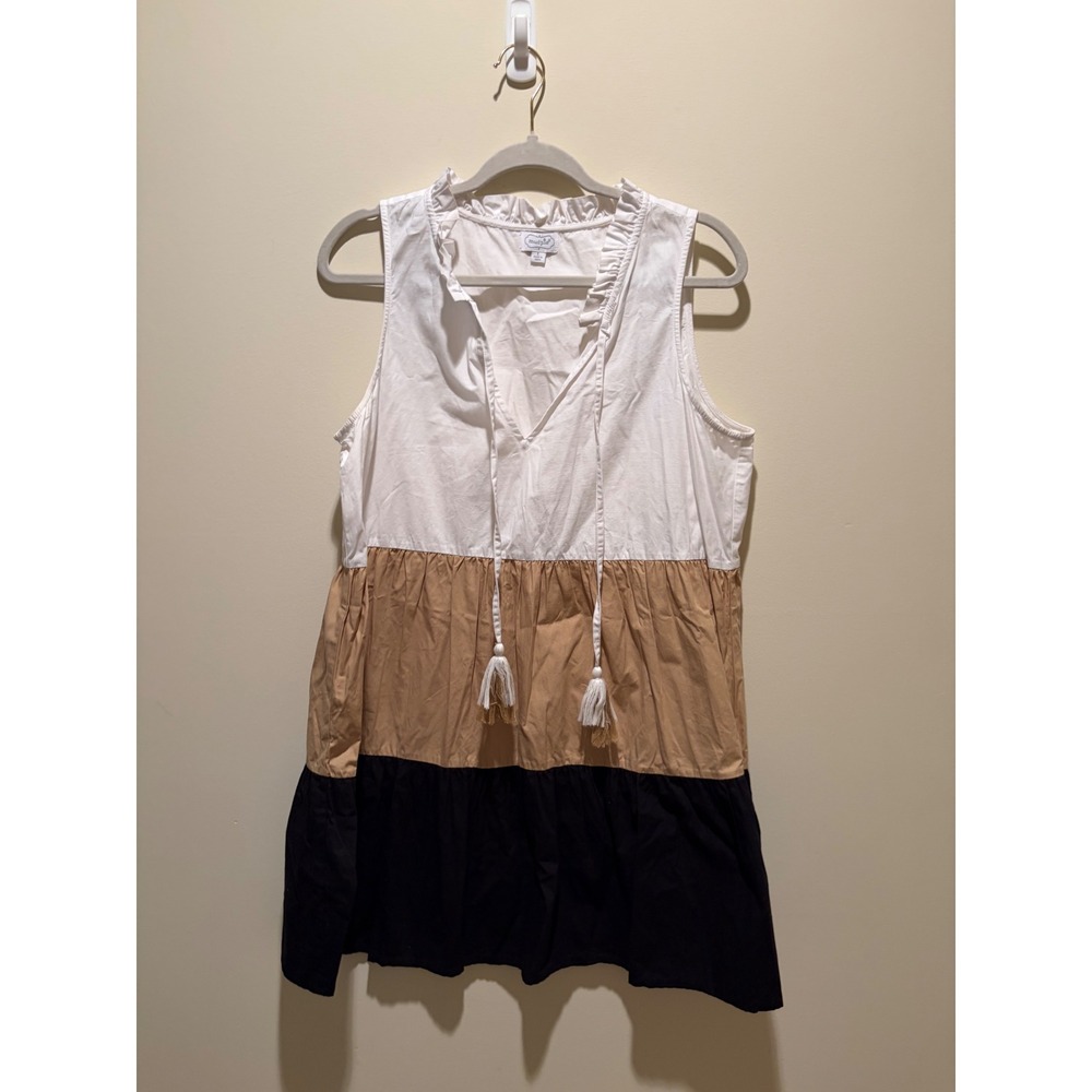 Mud Pie Womens Colorblock Tiered Mini Dress White Tan Black Cotton Tassel L